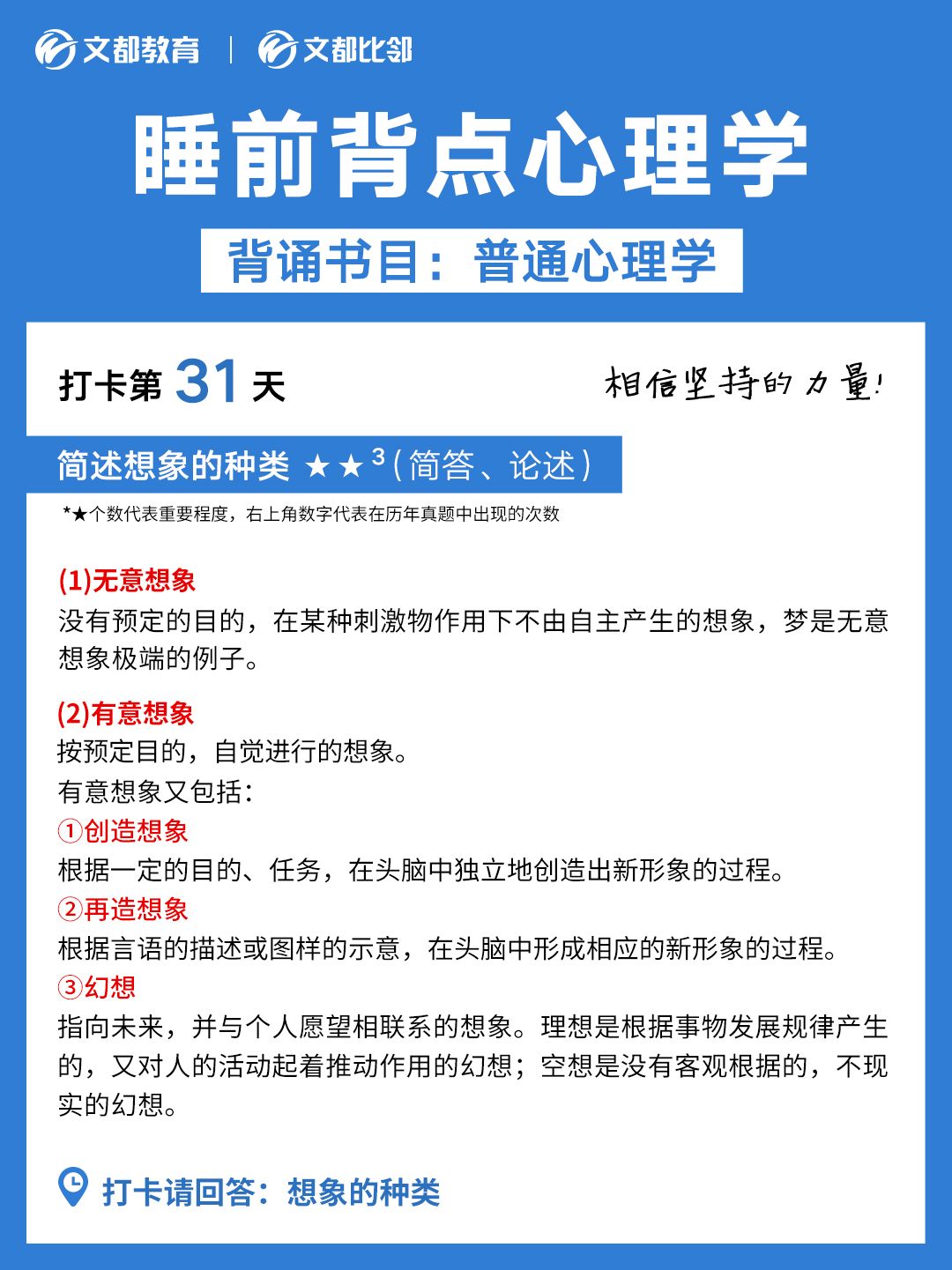 睡前背點(diǎn)心理學(xué)之文都考研：簡(jiǎn)述想象的種類(lèi)